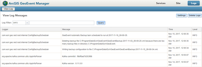 Log messages in ArcGIS GeoEvent Manager Log messages in ArcGIS GeoEvent Manager